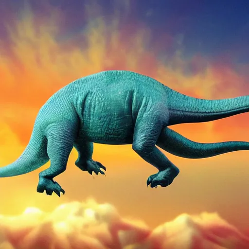 Prompt: dinossaur walking over clouds