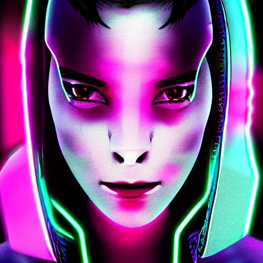 Image similar to digital artwork of woman wearing technological neon collar, cyberpunk art style, 4K, portrait,