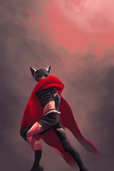 Prompt: little boy with cat ears in an black outfit with red cape. digital painting made by lois van baarle and kentaro miura and marc simonetti, sharpness focus, inspired by hirohiko araki, anatomically correct, heroic composition, hero pose, smooth
