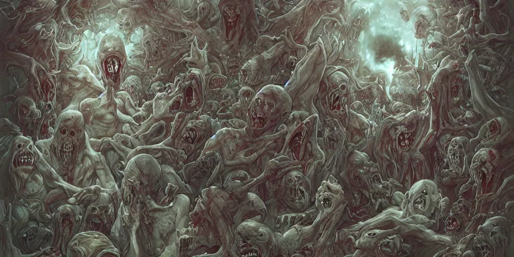 Prompt: A horror illustration layout design of a group of zombies melting into each other by Peter Mohrbacher and andrew ferez and Maximilian Pirner and aaron horkey and peter gric, trending on pinterest, medieval, rococo, maximalist, glittering, feminine, by artgerm