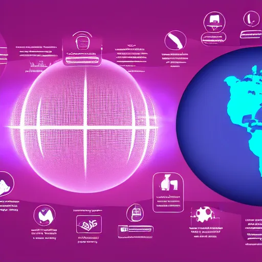 Prompt: futuristic screen depicting a planet with purple continents, labels and info onscreen, infographic style, sci fi infographic