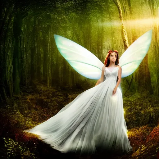 Image similar to a very detailed, high definition, dreamful, faceless, beatiful, female fairy wearing a translucent, white dress levitating in the air in a thickly vegetated forest in a wonderful fantasy world, dreamlike light incidence, surrounded by many fairies, during sunset, art style, award winning picture