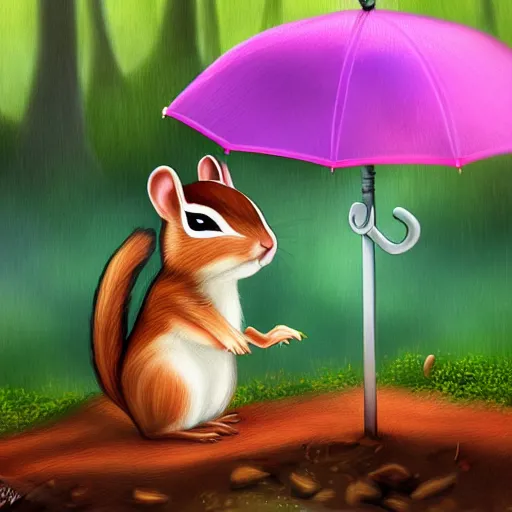 Image similar to an adorable chipmunk holding an umbrella in the rain in a cozy forest setting, fantasy art, digital art, illustration, 8k