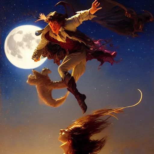 Image similar to attractive male witch magically flying trough the night, fantasy, full moon in background. highly detailed painting by gaston bussiere, craig mullins, j. c. leyendecker 8 k