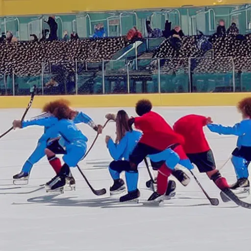 Image similar to a squad of Beyoncé clones playing hockey, photorealistic