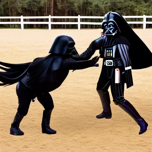 Image similar to a horse boxing darth vader, hyperrealistic, 8 k