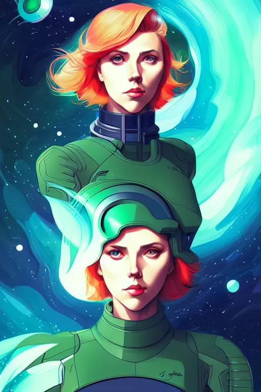 Image similar to style artgerm, joshua middleton, illustration, scarlett johansson as space astronaut wearing green pelt light armor, anime eyes, blue hair, swirling water cosmos, fantasy, dnd, cinematic lighting