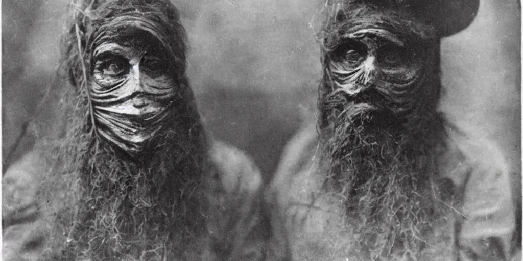 Prompt: hermit wearing a scary mask to scare off people, 1900s picture