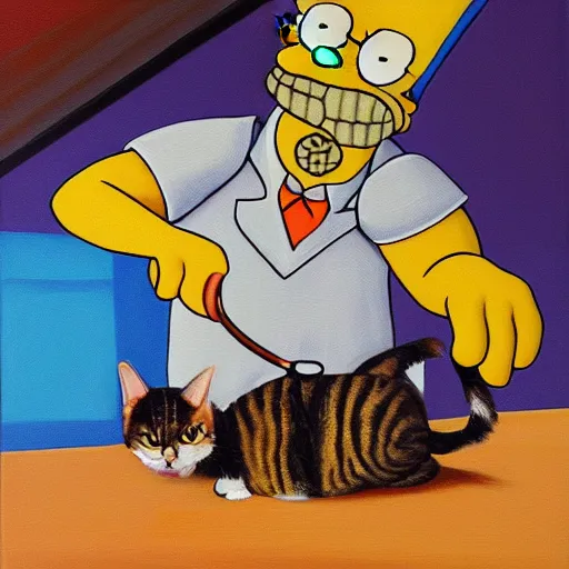 Prompt: doctor home simpson operating on a cat, oil and acrylic on canvas, high detail