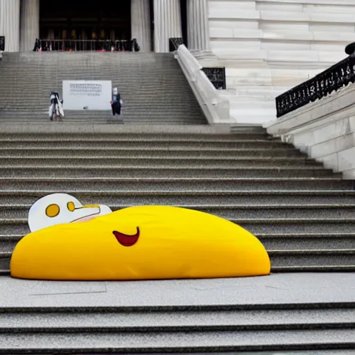 Prompt: gudetama dripping on the steps of the us capital building