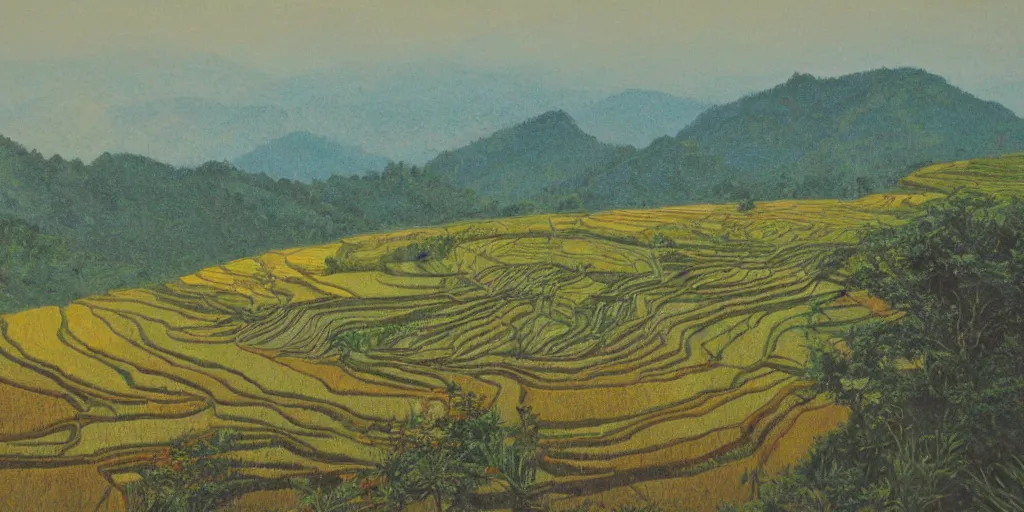 Prompt: painting of rice terraces in the evening