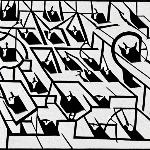 Image similar to cats running in a labyrinth, by m. c. escher