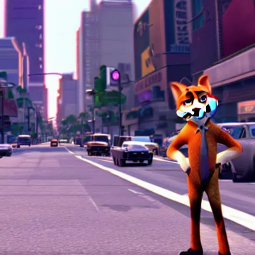 Prompt: Screenshot from Grand Theft Auto III featuring Nick Wilde (from Zootopia)