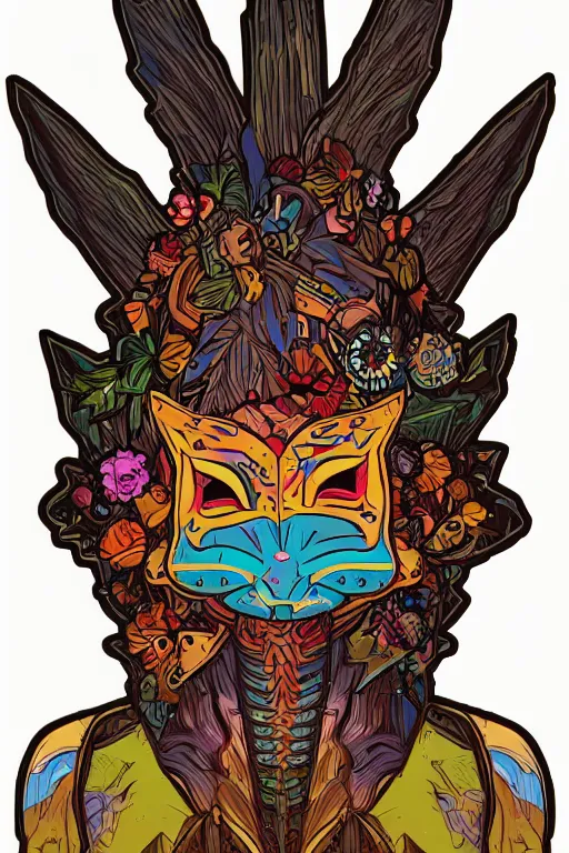 Image similar to animal mask totem roots flower tribal feather gemstone plant wood rock shaman vodoo video game vector cutout illustration vivid multicolor borderlands comics by josan gonzales and dan mumford radiating a glowing aura