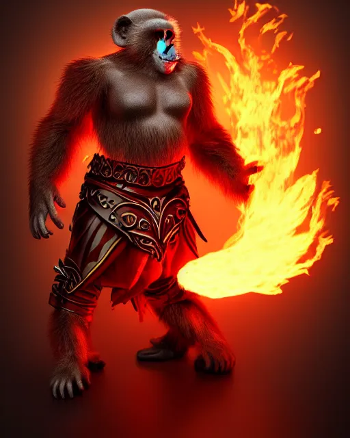 Image similar to fury art, an anthro monkey wearing a large cape and a fantasy armor, fire, fiery background, 3 d, 8 k, extremely detailed, trending on furaffinity, trending on artstation, award winning, sharp focus, illustration