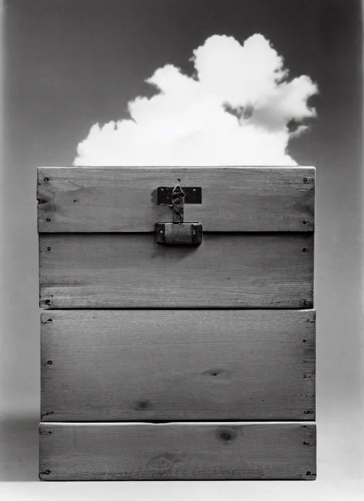 Prompt: realistic photo of cloud in a wooden box, front view, grain 1 9 9 0, life magazine reportage photo, metropolitan museum photo