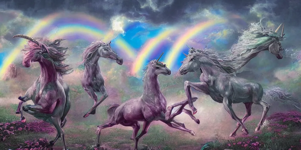 Prompt: A beautiful detailed mate painting Unicorns dancing under a rainbow on a graveyard' by Wayne Barlowe, existential horror, Trending on cgsociety artstation, highly detailed, 8k, masterpiece, in the style of DiscoDiffusion.