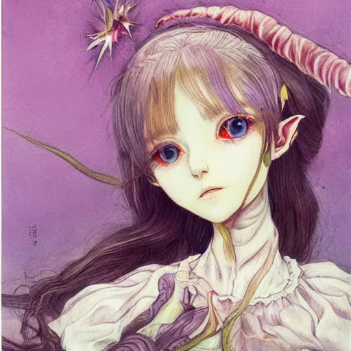 Prompt: little elf girl, tunic, soft hair. light color palate, purple, yellow and white. detailed soft painting, ayami kojima, made in abyss, anatomically correct, inspired in balthus, high detailed face anime, vogue magazine, glorious composition