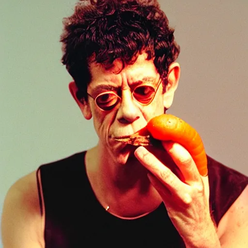 Prompt: lou reed smoking a carrot, photograph, professional, 4 k