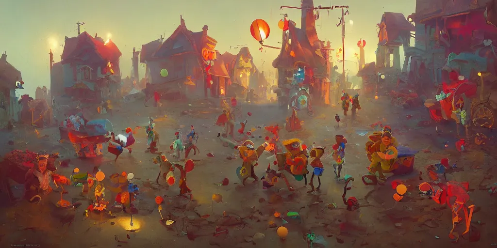 Prompt: A gang of clowns at dawn, magical, awestriking, impossibly detailed, by Sergey Kolesov, fine detail, full of color, intricate detail
