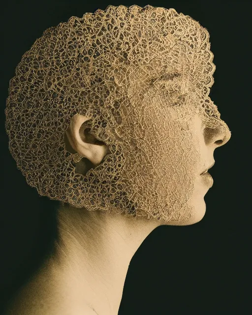 Image similar to a woman's face in profile, made of intricate delicate lace leaf, in the style of the dutch masters and gregory crewdson, dark and moody