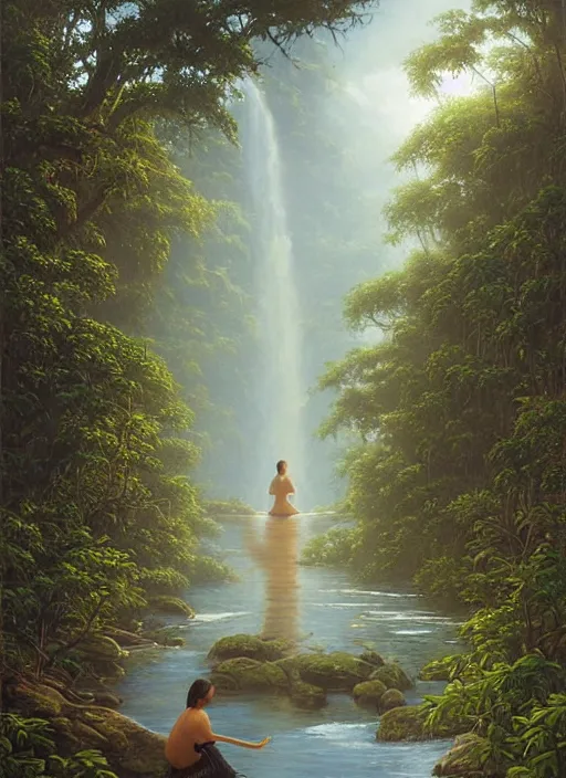 Image similar to a meditation near a river in the amazon jungle, gazing at the water, highly detailed, art by christophe vacher