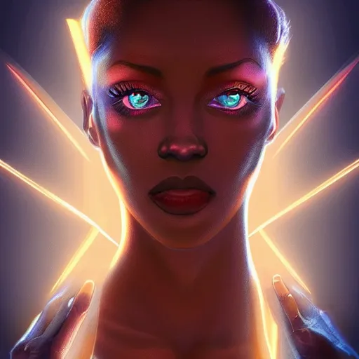 Image similar to symmetry!! solid cube of light, hard edges, product render retro - futuristic poster scifi, lasers and circuits, brown skin queen, intricate, elegant, highly detailed, digital painting, artstation, concept art, smooth, sharp focus, illustration, dreamlike, art by artgerm