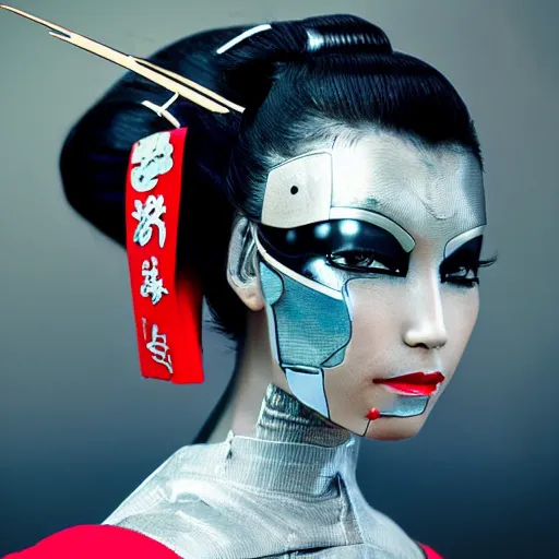 Prompt: cyborg geisha traveling to the future