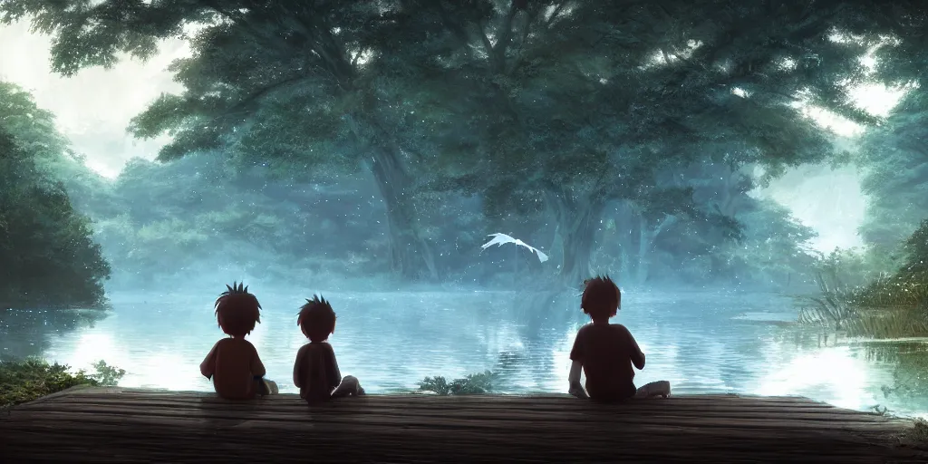 Image similar to a silver dragon and a boy sitting next to lake in forest, many fireflys, at night, concept art, dof, cryengine, digital art, detailed background, makoto shinkai