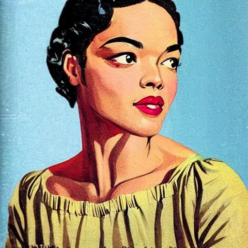 Prompt: “Tessa Thompson portrait, color vintage magazine illustration 1950”