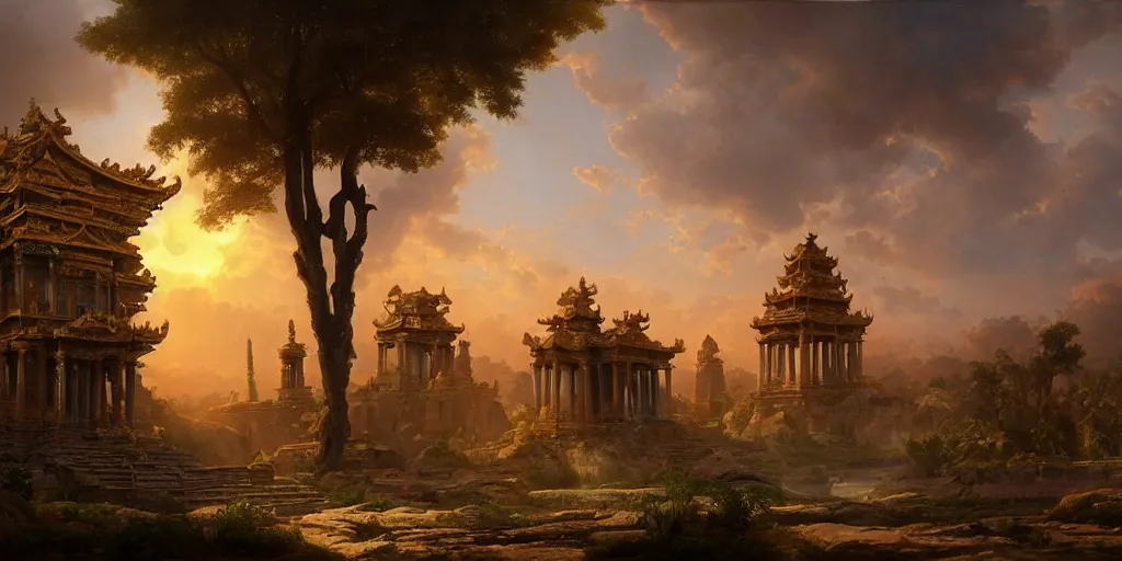 Prompt: beautiful hyperrealistic spectacular painting of a mysterious temple with a timemachine advanced technology with a green-glowing-crystal from the future, by Rapahel Lacoste and Hubert Robert and Lee Madwick, dramatic sunset lighting, advanced technology