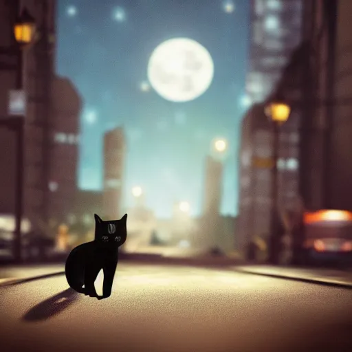 Image similar to black cat with big eyes in the middle of the street at mid night with the moon in the sky. Award winning. Unreal 5. Realistic. Highly detailed. Artstation. Professional photographer.