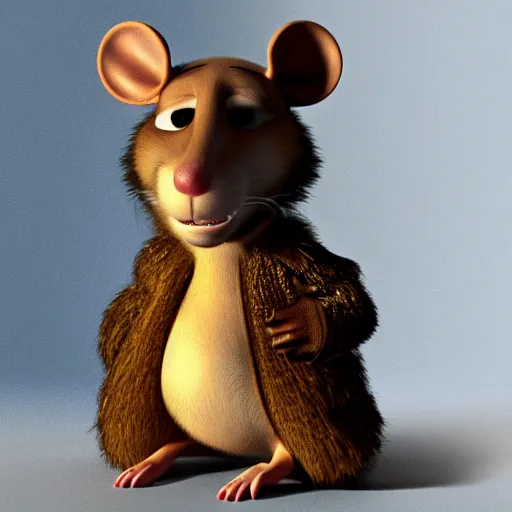 Image similar to an anthropomorphic rat, by pixar, 3 d, sad, lonely, moody lighting, wearing gold jewellery, wearing a fur coat, wearing a fur coat