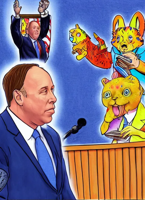 Image similar to old alex jones on the stand in court by lisa frank