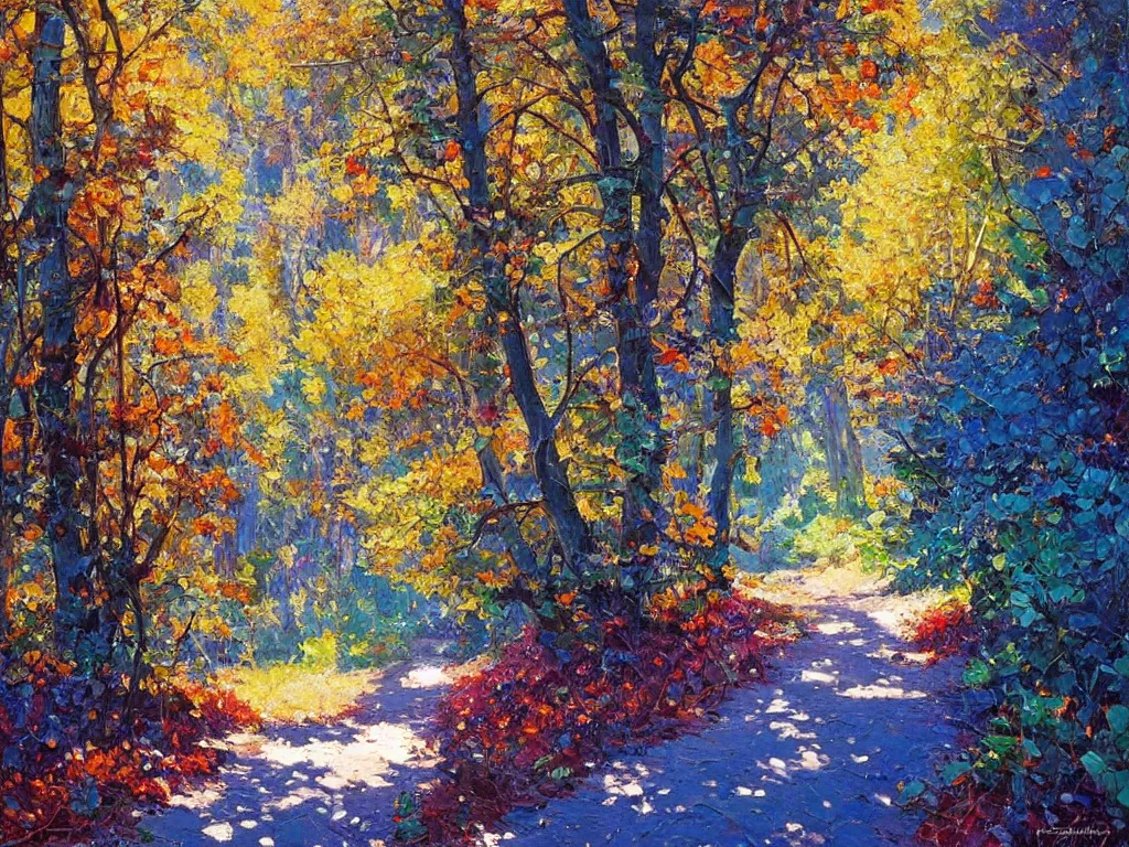 Image similar to majestic nature scenery, forest path, breathtaking oil painting by erin hanson, alexi zaitsev, karl spitzweg, craig mullins, award winning, impressionistic