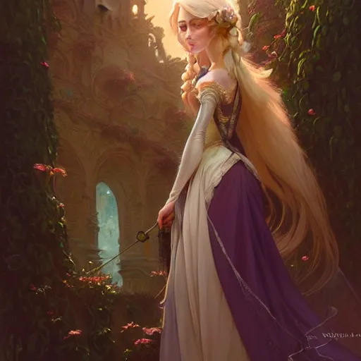 Image similar to Rapunzel, fantasy, intricate, elegant, highly detailed, digital painting, artstation, concept art, matte, sharp focus, illustration, art by Artgerm and Greg Rutkowski and Alphonse Mucha