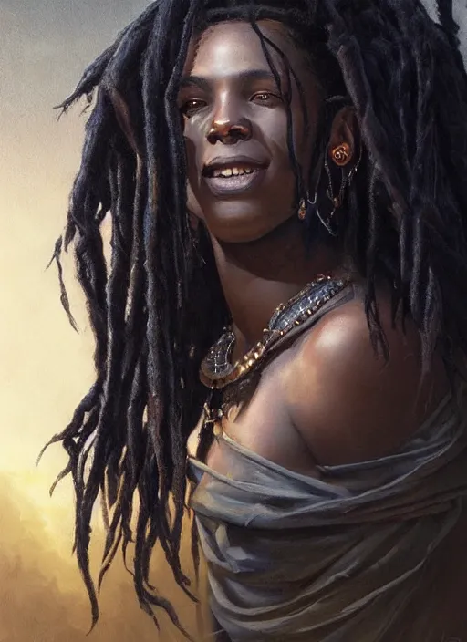 Prompt: girl with black dreadlocks, beautiful highly detailed face, complementary lighting, backlit, black eyeshadow, grinning, adventure, dramatic lighting, landscape background, beautiful painting by artgerm and greg rutkowski and raymond swanland