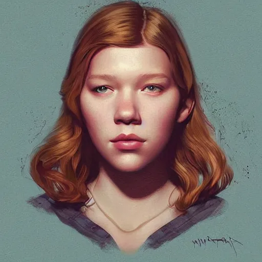 Image similar to a beautiful scenic painting of a beautiful young girl that looks like lea seydoux by artgerm and wlop and wes anderson and spike jonze