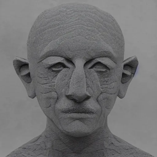 Prompt: hand-made 4D stone sculpture of a human head, abstract, detailed texture, dynamic light, shadows, 50mm portrait