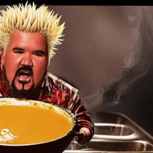 Image similar to guy fieri, turning into an eldritch horror with tentacles, bathing in a giant pan filled with boiling oil, film still from the movie directed by denis villeneuve with art direction by salvador dali