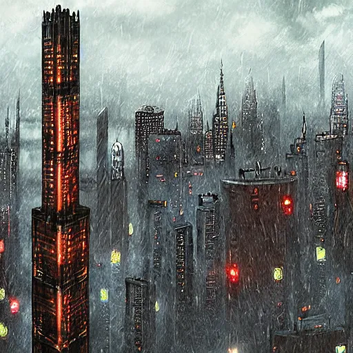 Prompt: a massive tower in the style of Blade Runner, in the background a cityscape with huge buildings and bridges, nurnies, greebles, dark mood, photorealistic