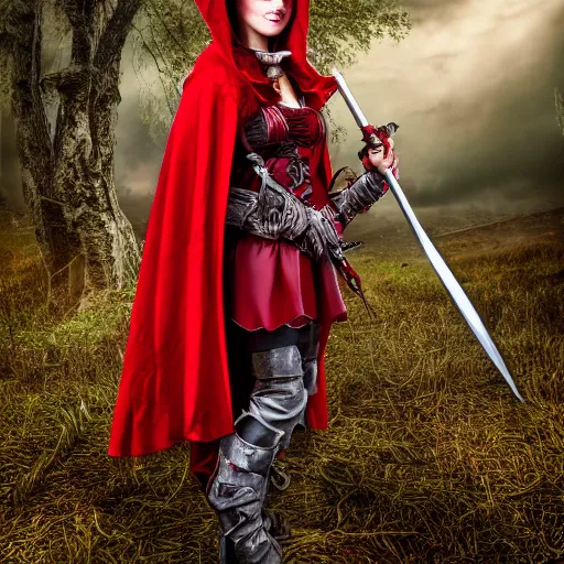 Prompt: full body photo red riding hood warrior, highly detailed, 4k, HDR, award-winning photo