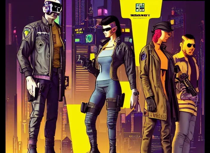 Prompt: cyberpunk police detectives. portrait by stonehouse and mœbius and will eisner and gil elvgren and pixar. character design. realistic proportions. cyberpunk 2 0 7 7 character art, blade runner 2 0 4 9 concept art. cel shading. attractive face. thick lines. the team. diverse characters. shadowrun.