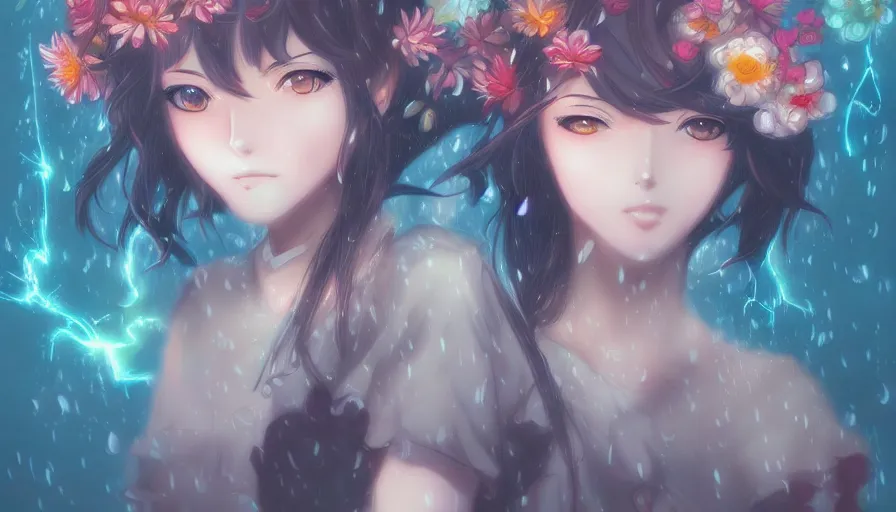 Image similar to anime girl, flowers, rain, lightning, storm, digital painting, illustration by james jean and artgerm and mina petrovic and timothy kong and marina federovna, artstation