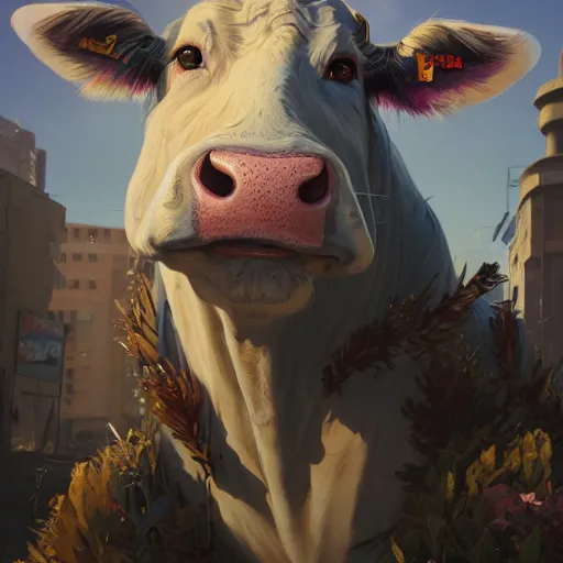 Image similar to highly detailed portrait 🐄, in gta v, stephen bliss, unreal engine, fantasy art by greg rutkowski, loish, rhads, ferdinand knab, makoto shinkai and lois van baarle, ilya kuvshinov, rossdraws, tom bagshaw, global illumination, radiant light, detailed and intricate environment