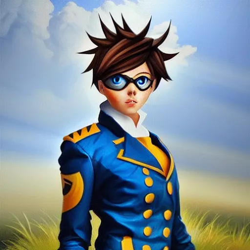 Image similar to oil painting of tracer overwatch in a field wearing spiked collar uniform, in style of ivan aivazovsky, expressive face, detailed face, detailed eyes, full body, feminine face, tracer overwatch,