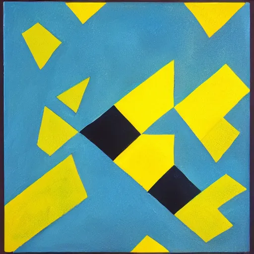 Image similar to painting, rectangle and triangle shapes, in blue, in yellow, in green, divided by black lines