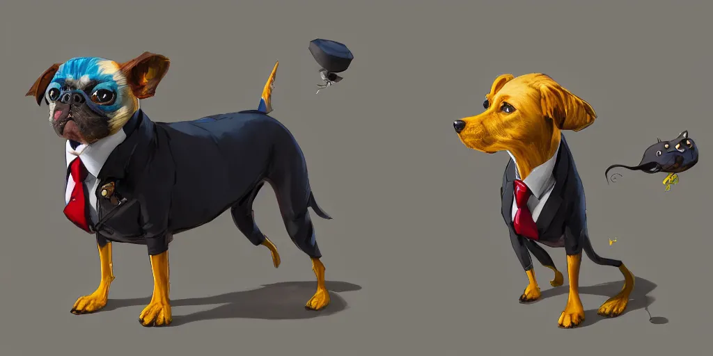 Image similar to dog in a suit, character sheet, colorful, contrast, depth of field, 3 d scene, render, greg rutkowski, zabrocki, karlkka, jayison devadas, trending on artstation, 8 k, ultra wide angle, zenith view, pincushion lens effect