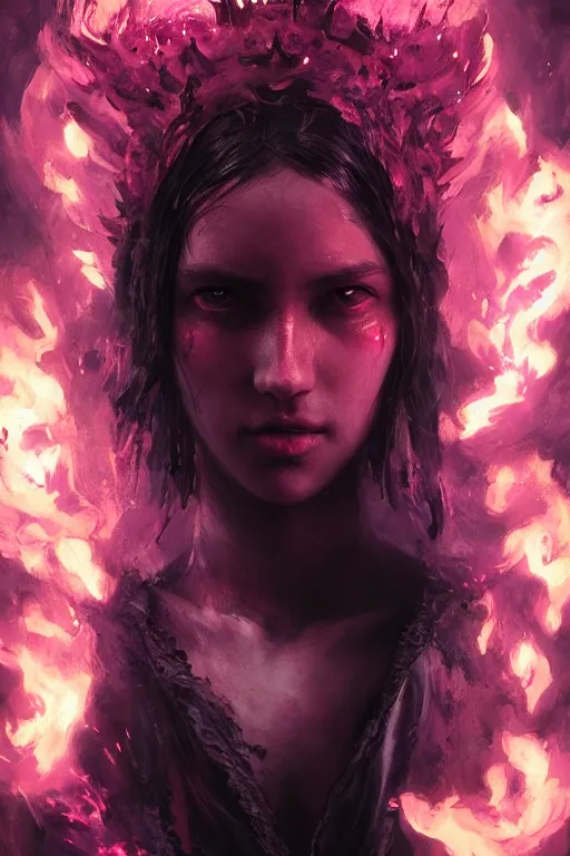 Prompt: a beautiful portrait of a young Demon women covered in deep purple flames by Greg Rutkowski, Sung Choi, Mitchell Mohrhauser, Maciej Kuciara, Johnson Ting, Maxim Verehin, Peter Konig, Bloodborne , 8k photorealistic, cinematic lighting, HD, high details, atmospheric , trending on artstation
