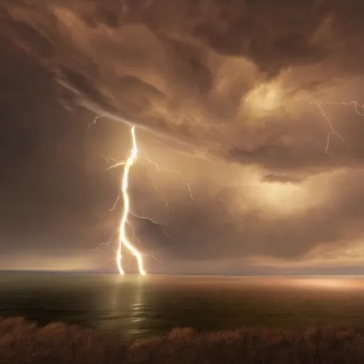 Prompt: roiling clouds with bolts of lightning, hyperrealistic, volumetric lighting, award winning